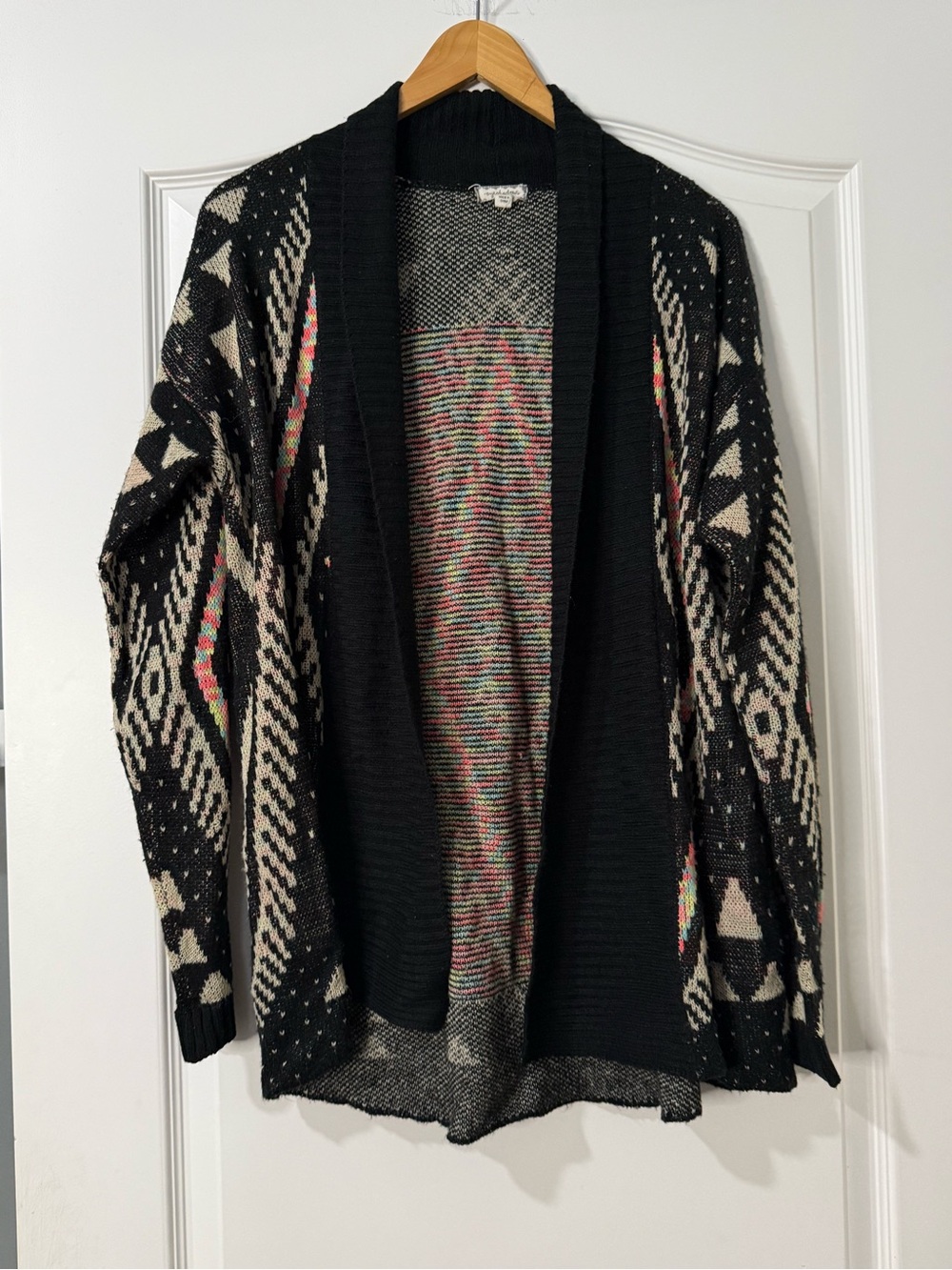 Eyeshadow Black Aztec-Pattern Open Cardigan with Cream and Multicolor Accents